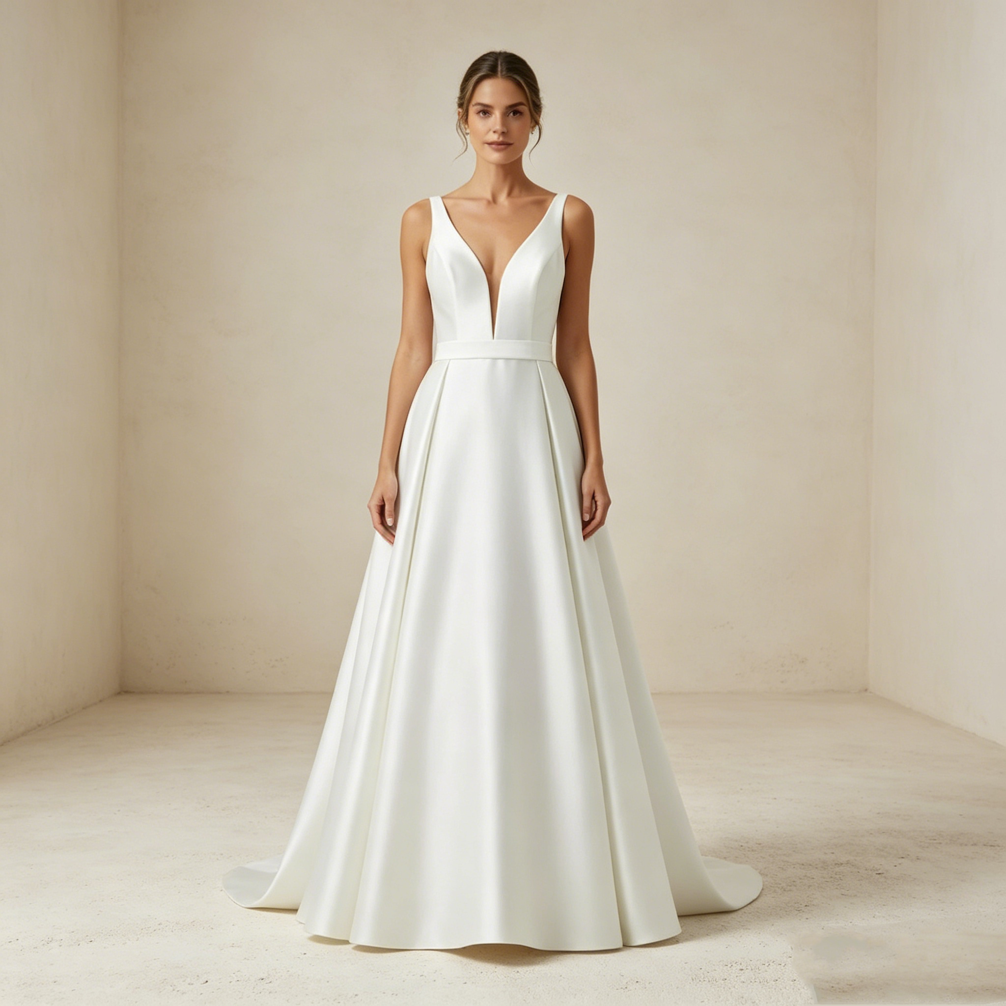 Zeitlose Eleganz in Elfenbein: Bodenlanges A-Linien-Kleid mit tiefem V-Ausschnitt und edlem Schleifen-Detail