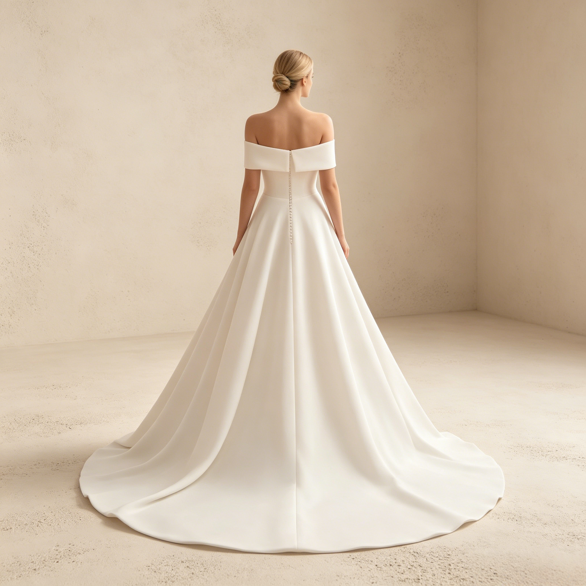 Minimalistisches Elfenbeinfarbenes A-Linie Abendkleid aus Satin mit Schulterfreiem Ausschnitt und Beinschlitz