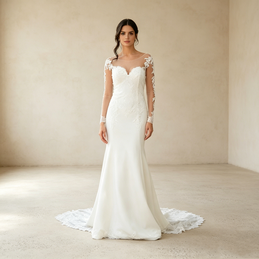 Elegante Brautmode mit filigranen Spitzenärmeln und fließender A Linien Silhouette für exklusive Events