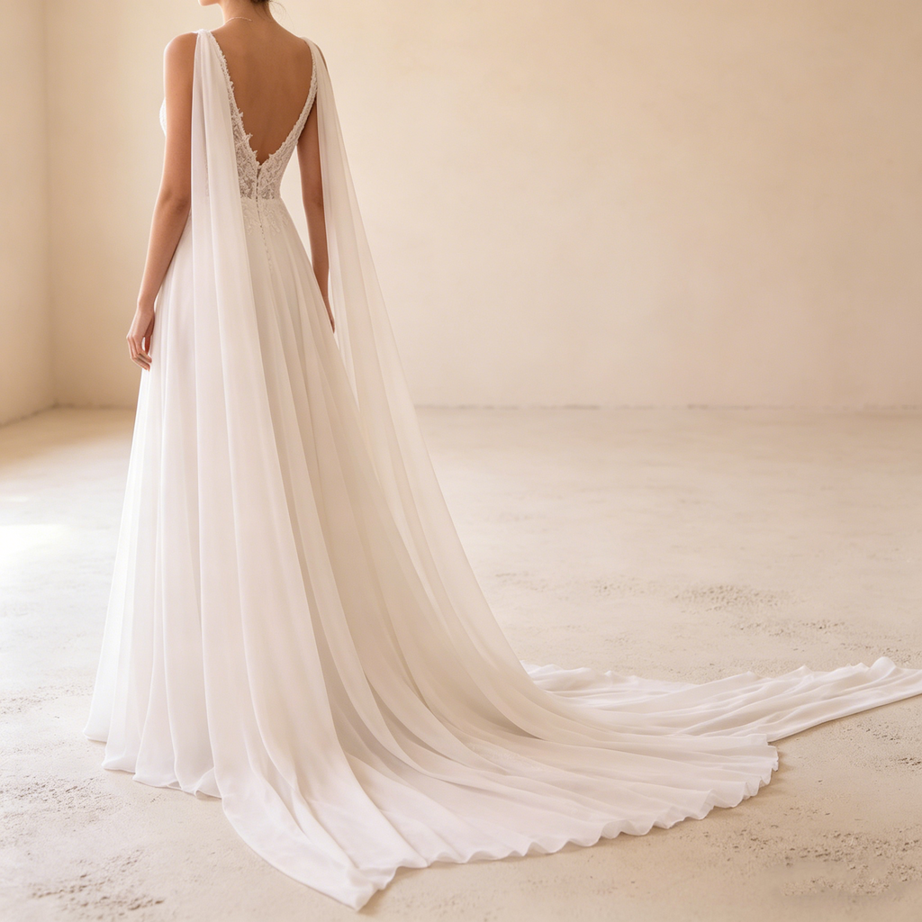 Elegantes Abendkleid mit V-Ausschnitt und Spitzenoberteil, Romantische Galarobe in Elfenbein, Fließendes Maxikleid mit transparentem Rücken