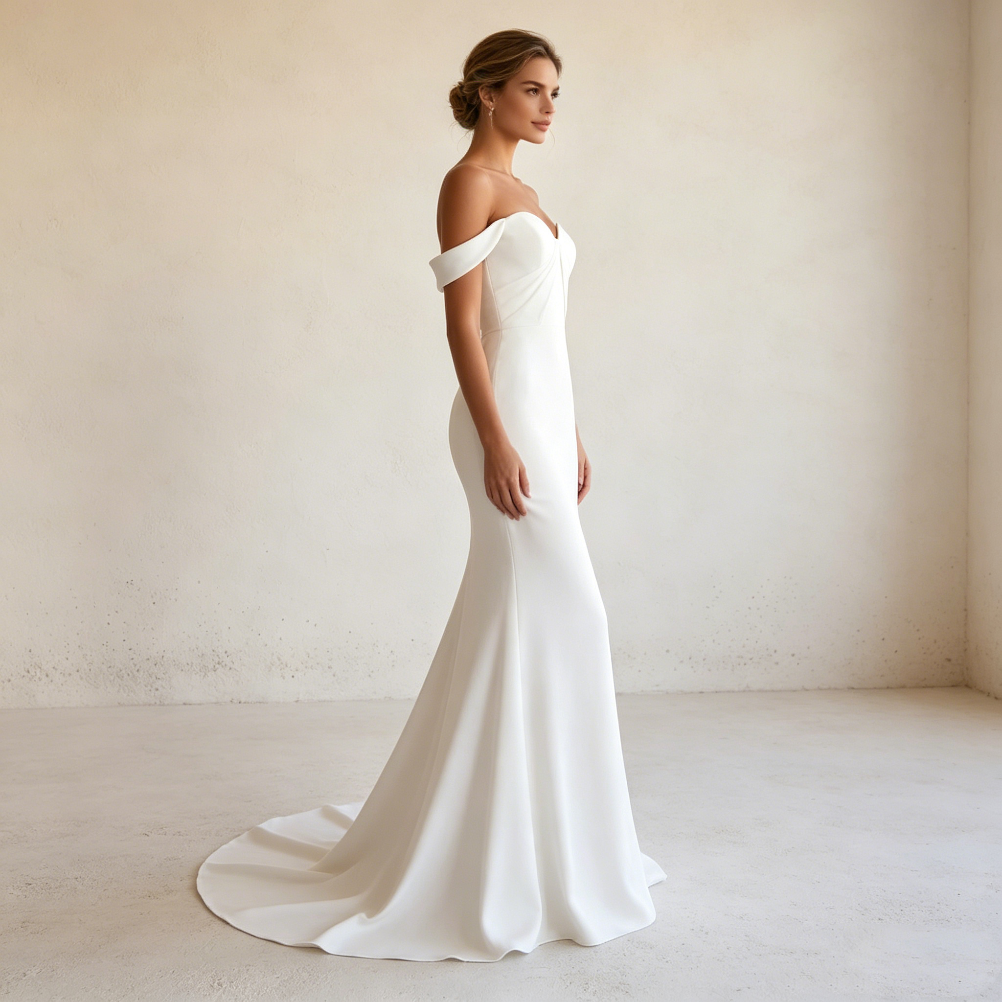 Weißer Boho-Traum: Figurbetontes Mermaid-Kleid mit elegantem Off-Shoulder-Schnitt für natürliche Eleganz