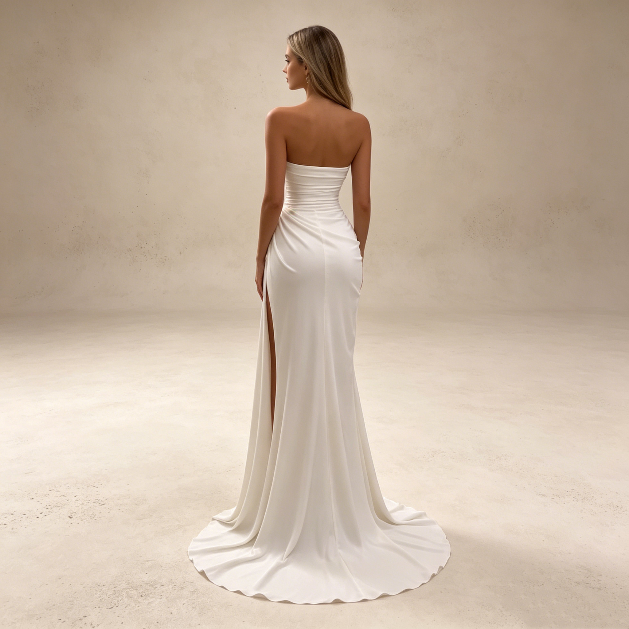 Abendkleid in Weiß mit trägerlosem Herzausschnitt und hohem Beinschlitz