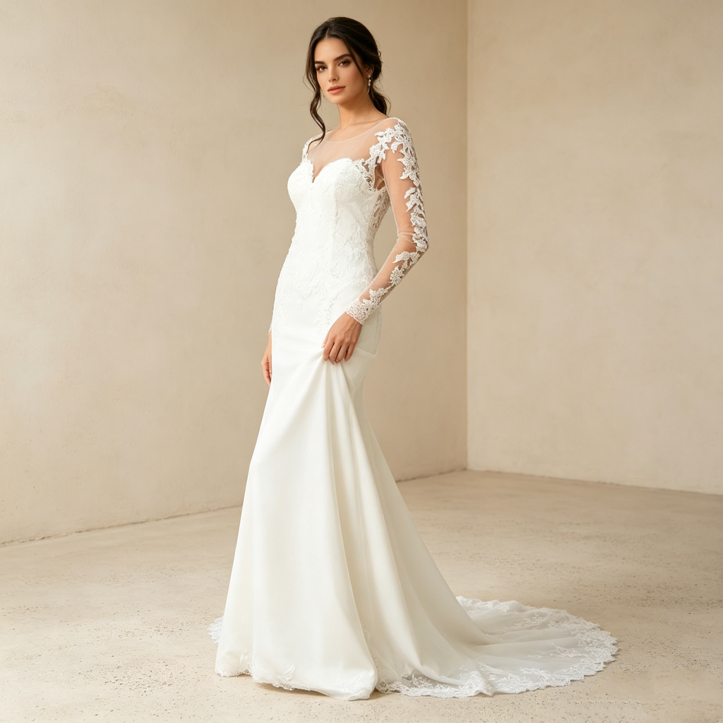 Elegante Brautmode mit filigranen Spitzenärmeln und fließender A Linien Silhouette für exklusive Events