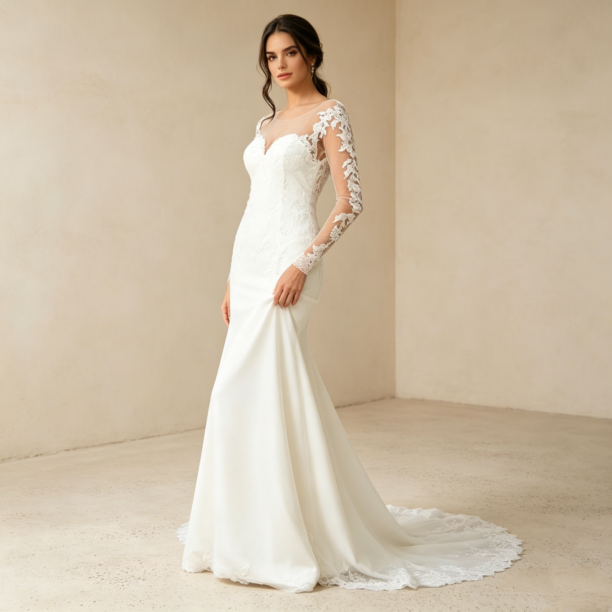 Elegante Brautmode mit filigranen Spitzenärmeln und fließender A Linien Silhouette für exklusive Events