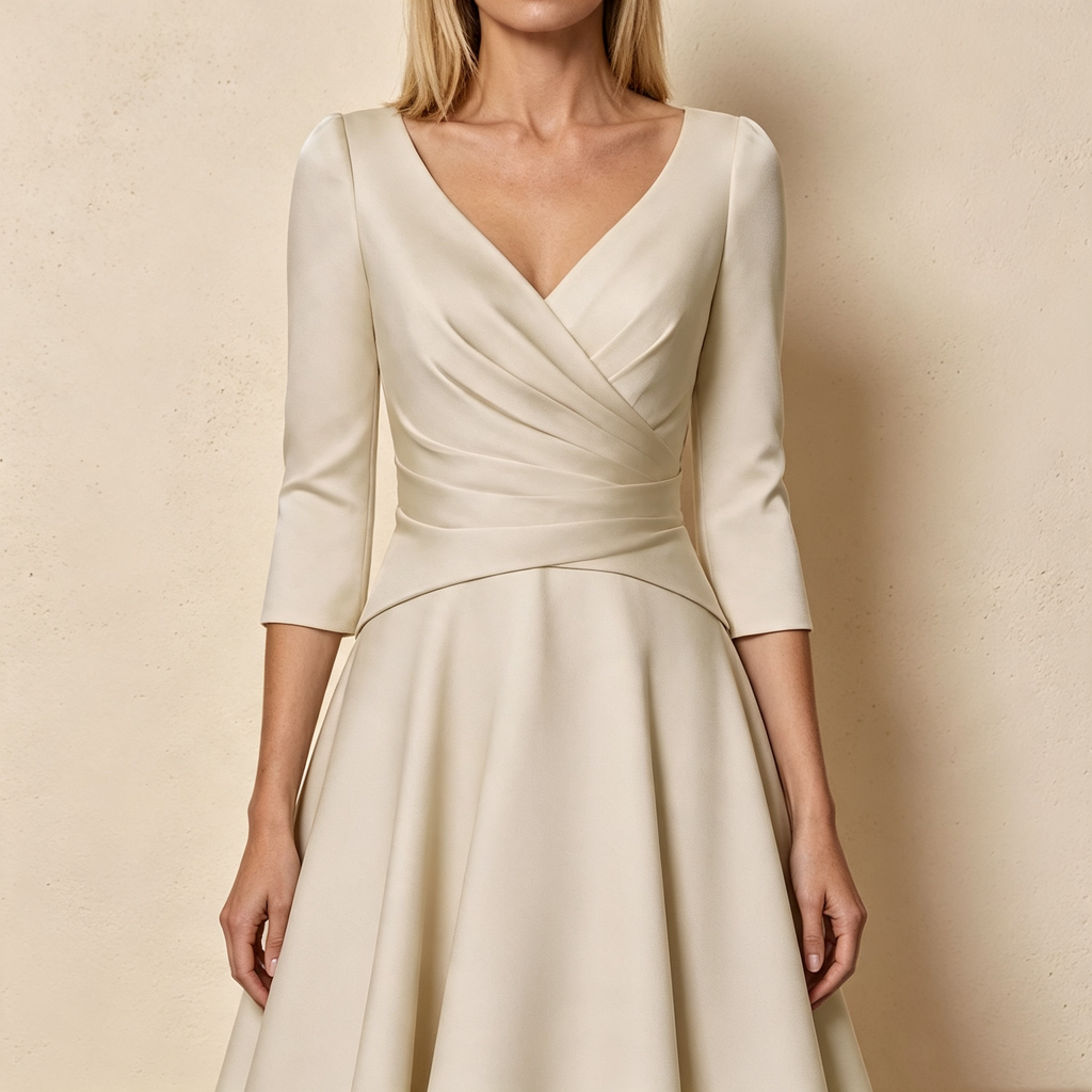 Cremefarbenes 3/4-Arm Festkleid mit V-Ausschnitt und Taillenfalten für Damen