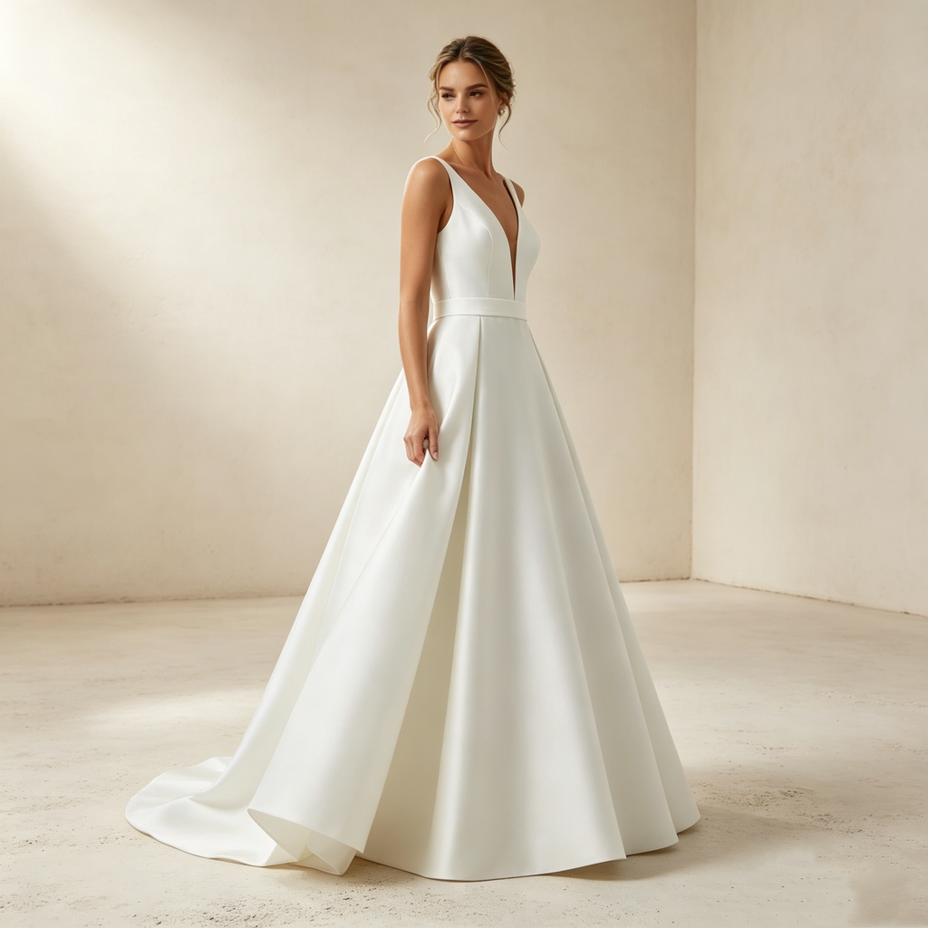 Zeitlose Eleganz in Elfenbein: Bodenlanges A-Linien-Kleid mit tiefem V-Ausschnitt und edlem Schleifen-Detail