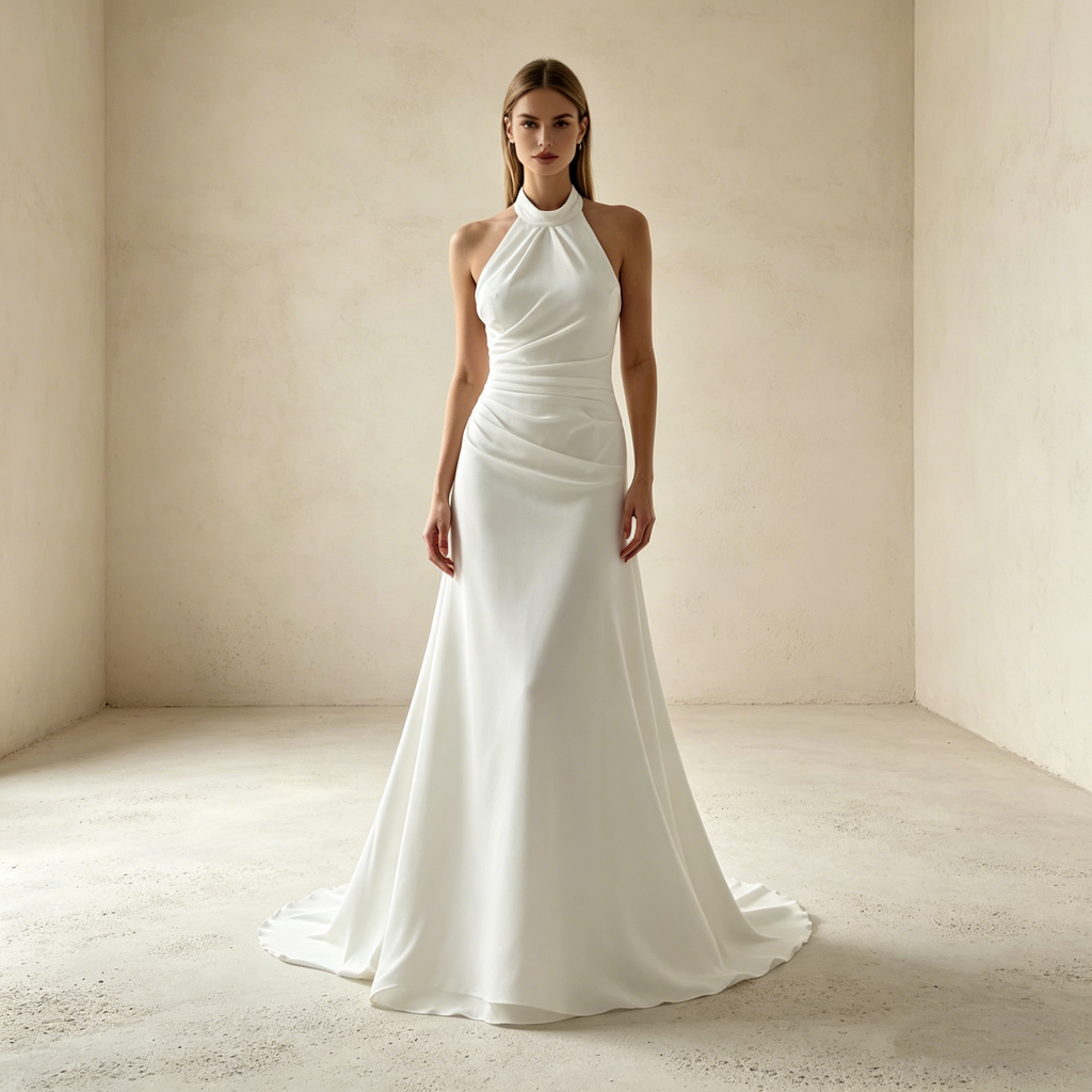 Elegantes Neckholder-Abendkleid in Elfenbein – Bodenlanges Maxikleid mit Raffung & Figurbetonter Silhouette
