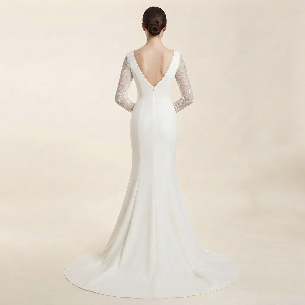 Festliches Maxikleid mit langärmeligen Spitzenärmeln, V‑Ausschnitt und mermaid‑förmigem Schnitt