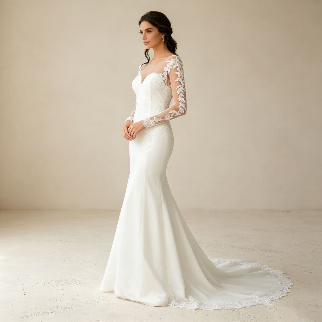 Elegante Brautmode mit filigranen Spitzenärmeln und fließender A Linien Silhouette für exklusive Events