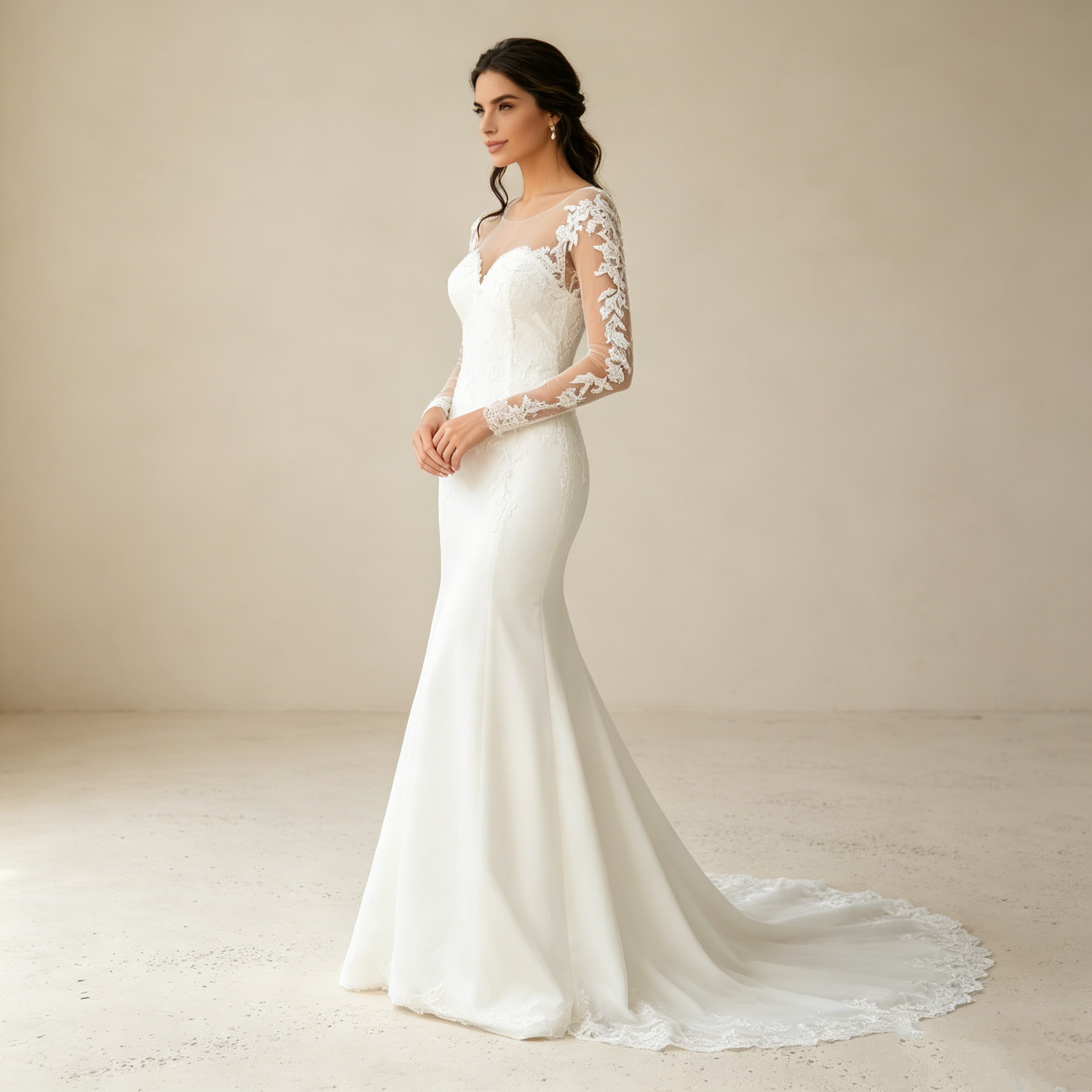 Elegante Brautmode mit filigranen Spitzenärmeln und fließender A Linien Silhouette für exklusive Events