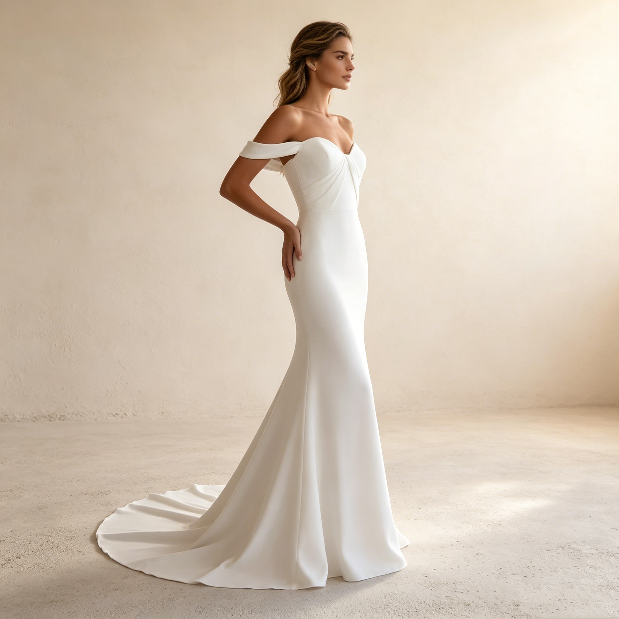 Weißer Boho-Traum: Figurbetontes Mermaid-Kleid mit elegantem Off-Shoulder-Schnitt für natürliche Eleganz
