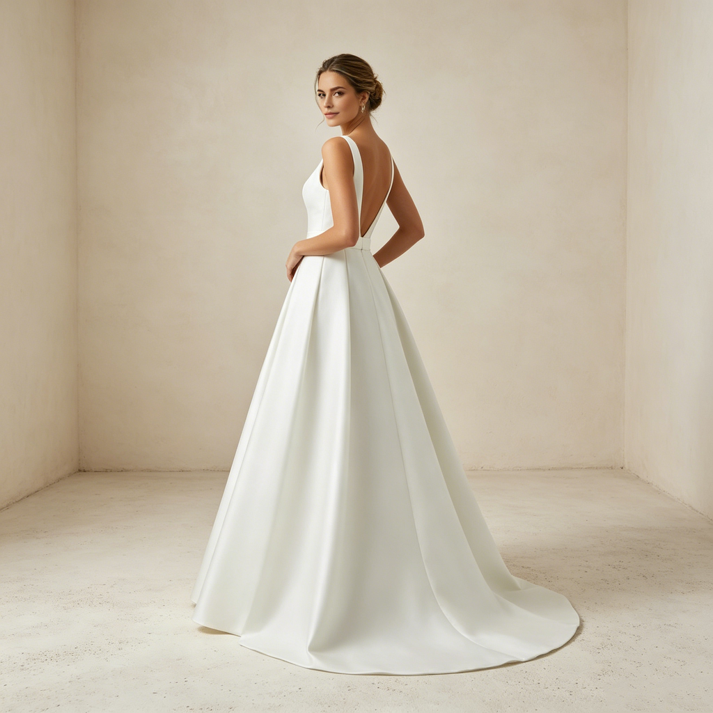 Zeitlose Eleganz in Elfenbein: Bodenlanges A-Linien-Kleid mit tiefem V-Ausschnitt und edlem Schleifen-Detail