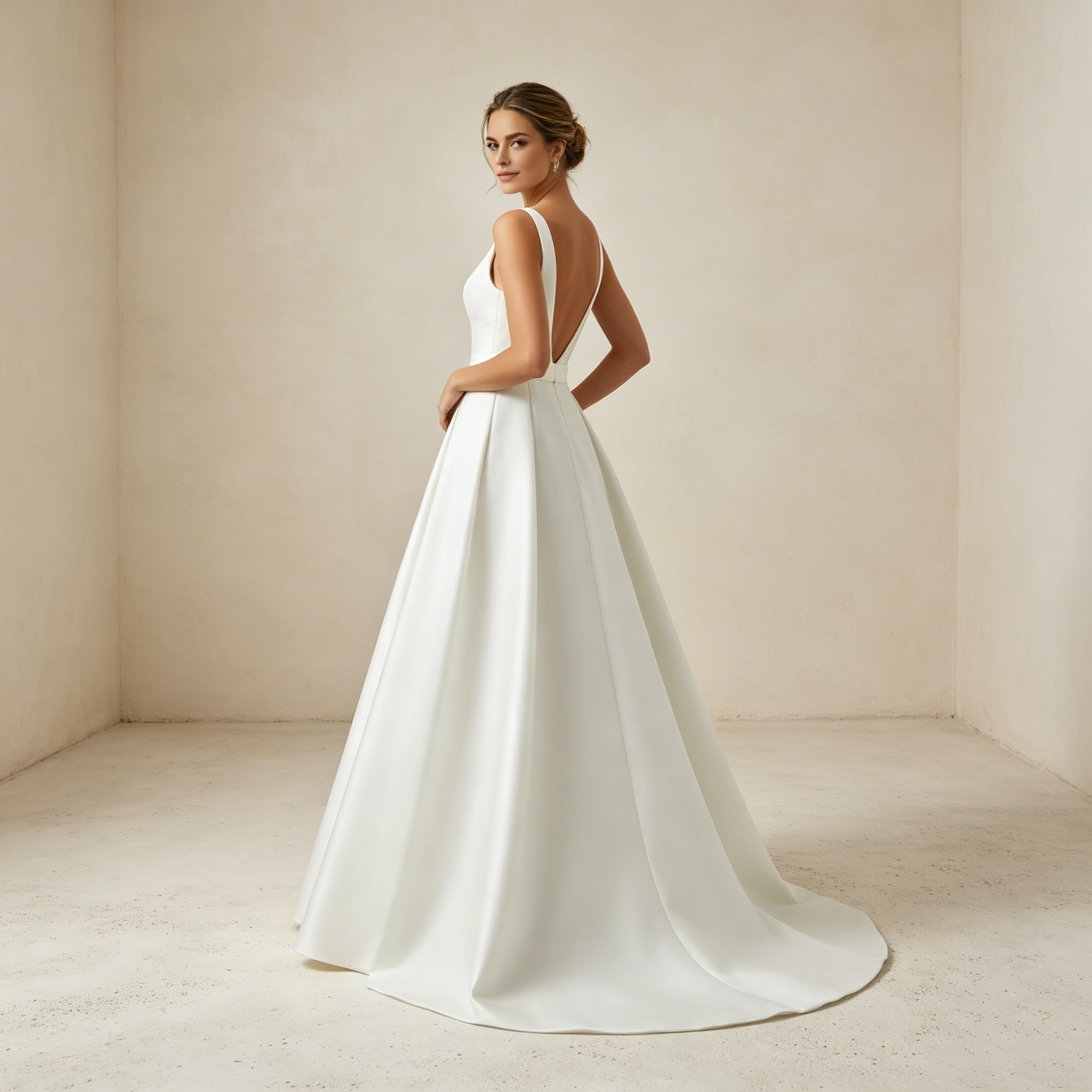 Zeitlose Eleganz in Elfenbein: Bodenlanges A-Linien-Kleid mit tiefem V-Ausschnitt und edlem Schleifen-Detail