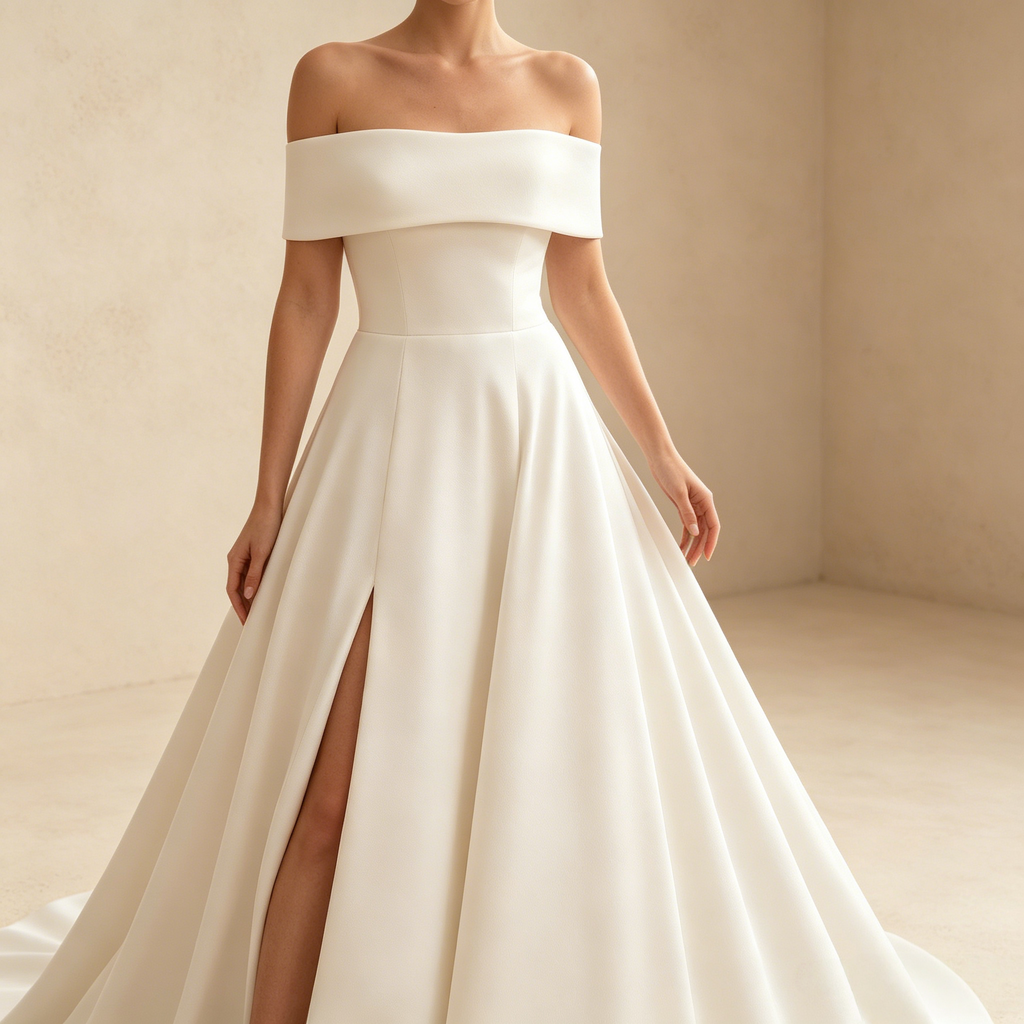 Minimalistisches Elfenbeinfarbenes A-Linie Abendkleid aus Satin mit Schulterfreiem Ausschnitt und Beinschlitz