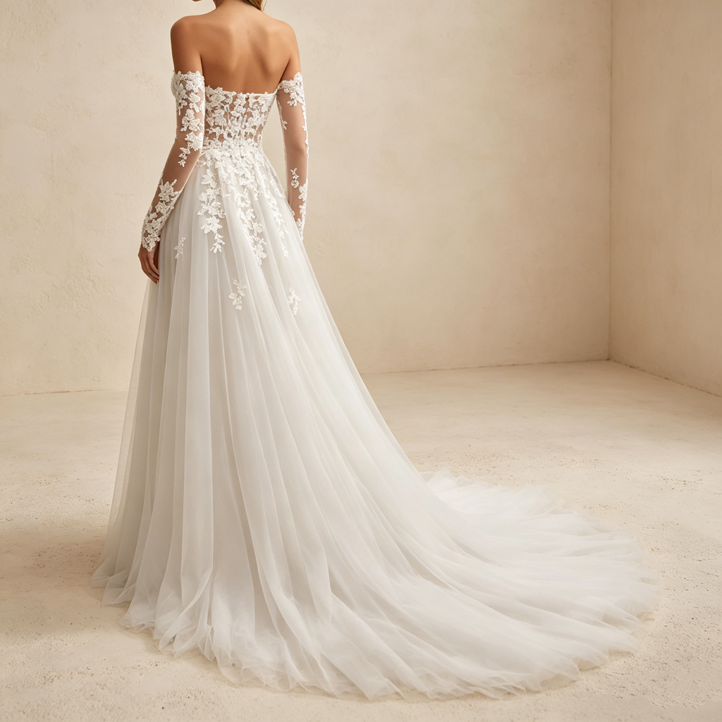 Elegantes Off-Shoulder Abendkleid mit Spitzenärmeln und Beinschlitz | Maßanfertigung
