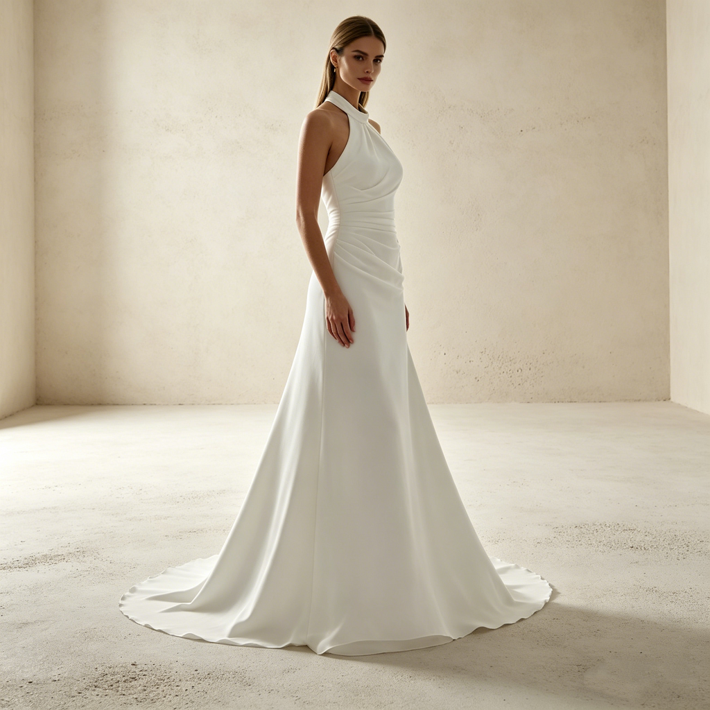 Elegantes Neckholder-Abendkleid in Elfenbein – Bodenlanges Maxikleid mit Raffung & Figurbetonter Silhouette
