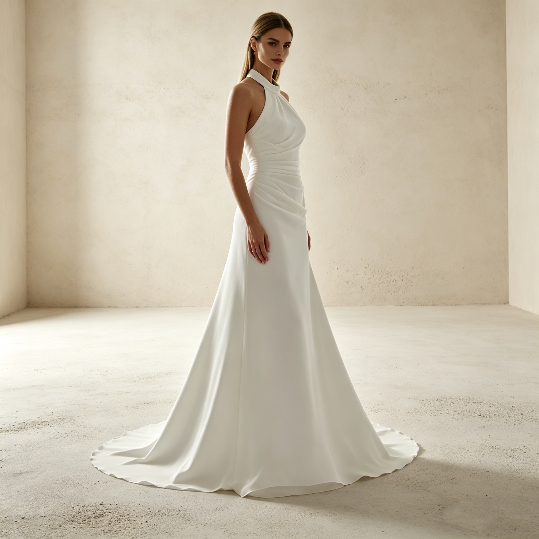 Elegantes Neckholder-Abendkleid in Elfenbein – Bodenlanges Maxikleid mit Raffung & Figurbetonter Silhouette