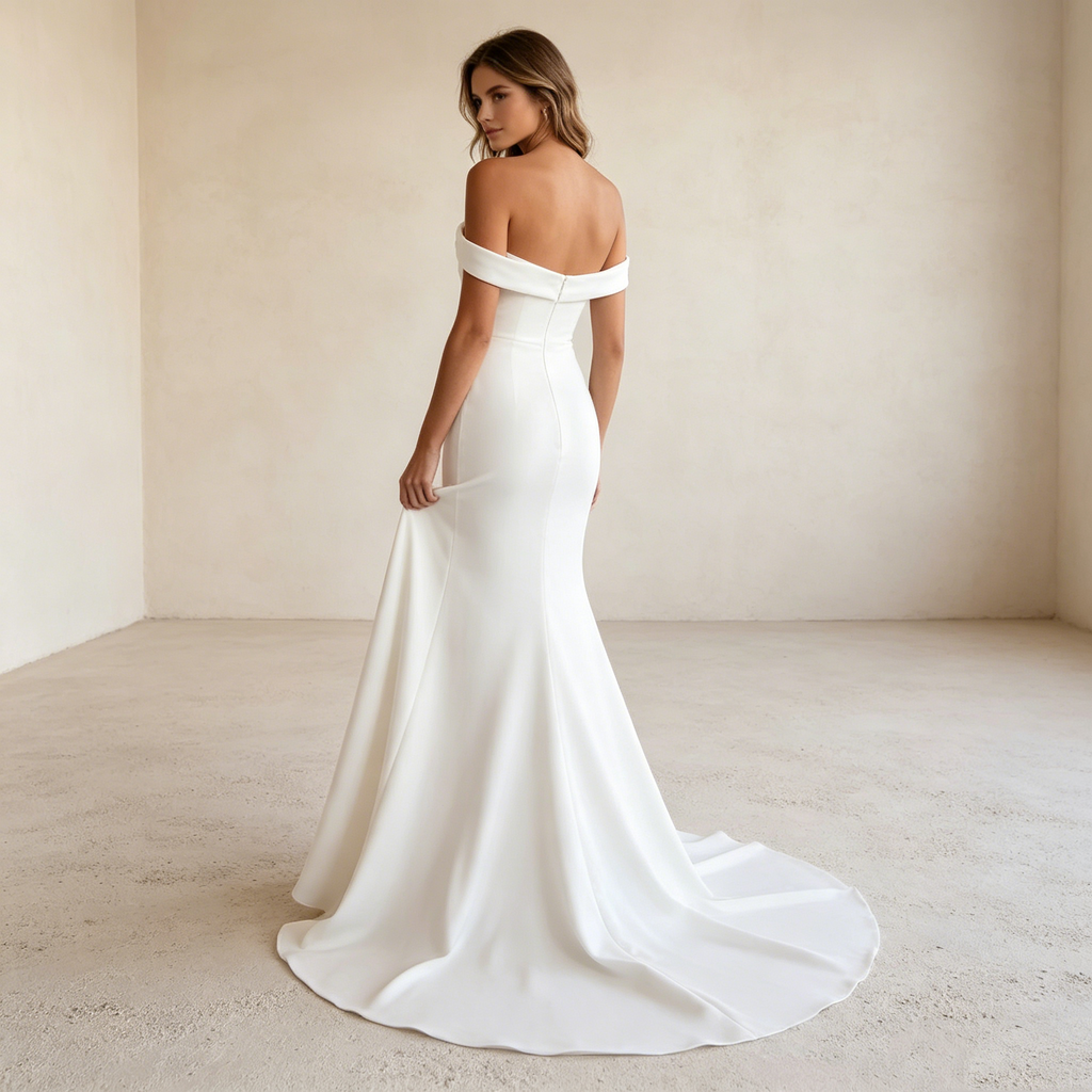 Weißer Boho-Traum: Figurbetontes Mermaid-Kleid mit elegantem Off-Shoulder-Schnitt für natürliche Eleganz