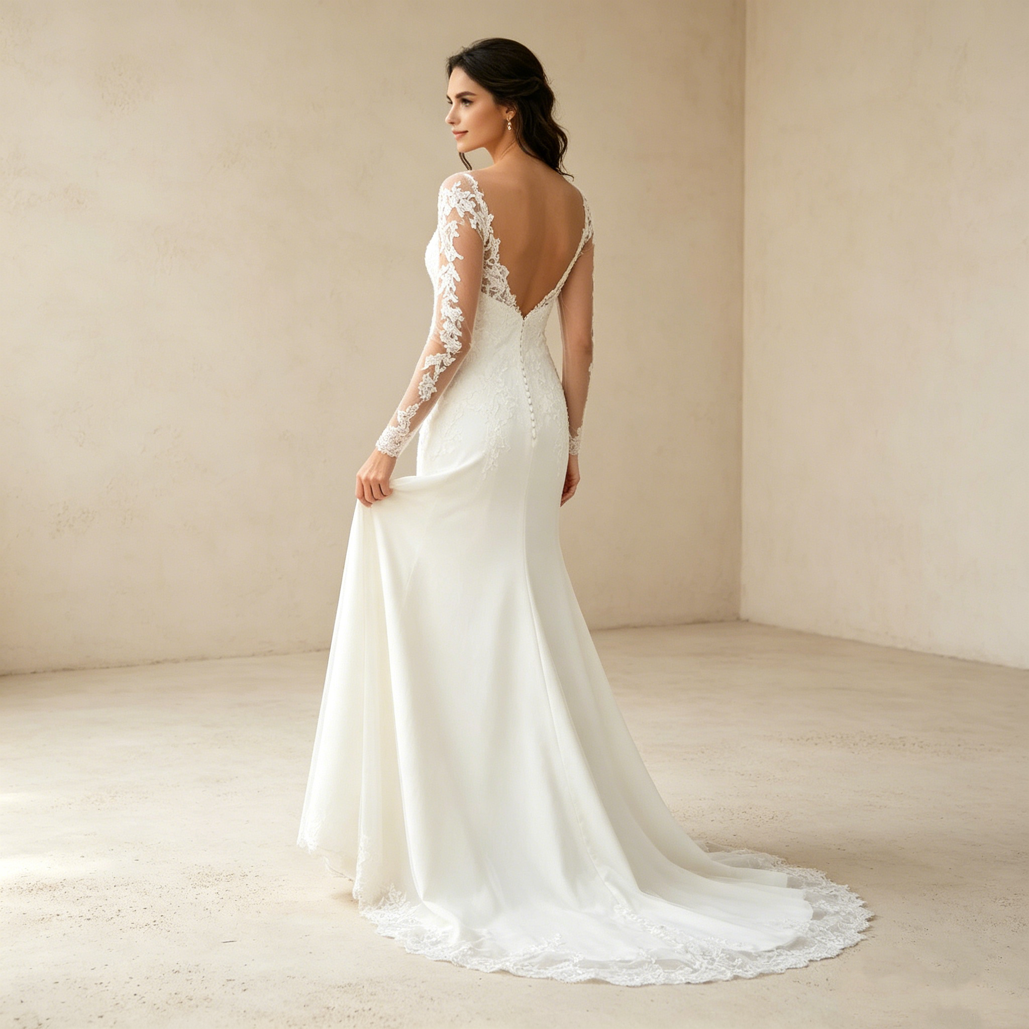 Elegante Brautmode mit filigranen Spitzenärmeln und fließender A Linien Silhouette für exklusive Events