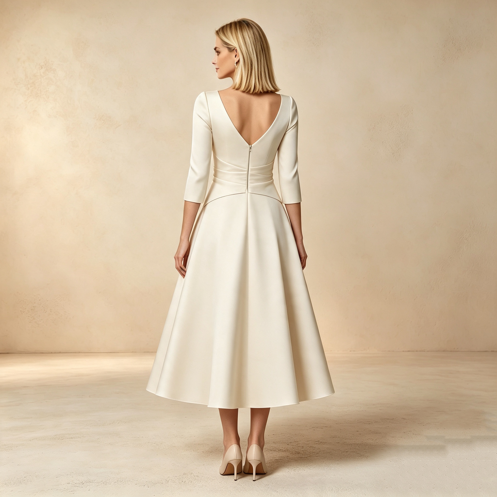 Cremefarbenes 3/4-Arm Festkleid mit V-Ausschnitt und Taillenfalten für Damen