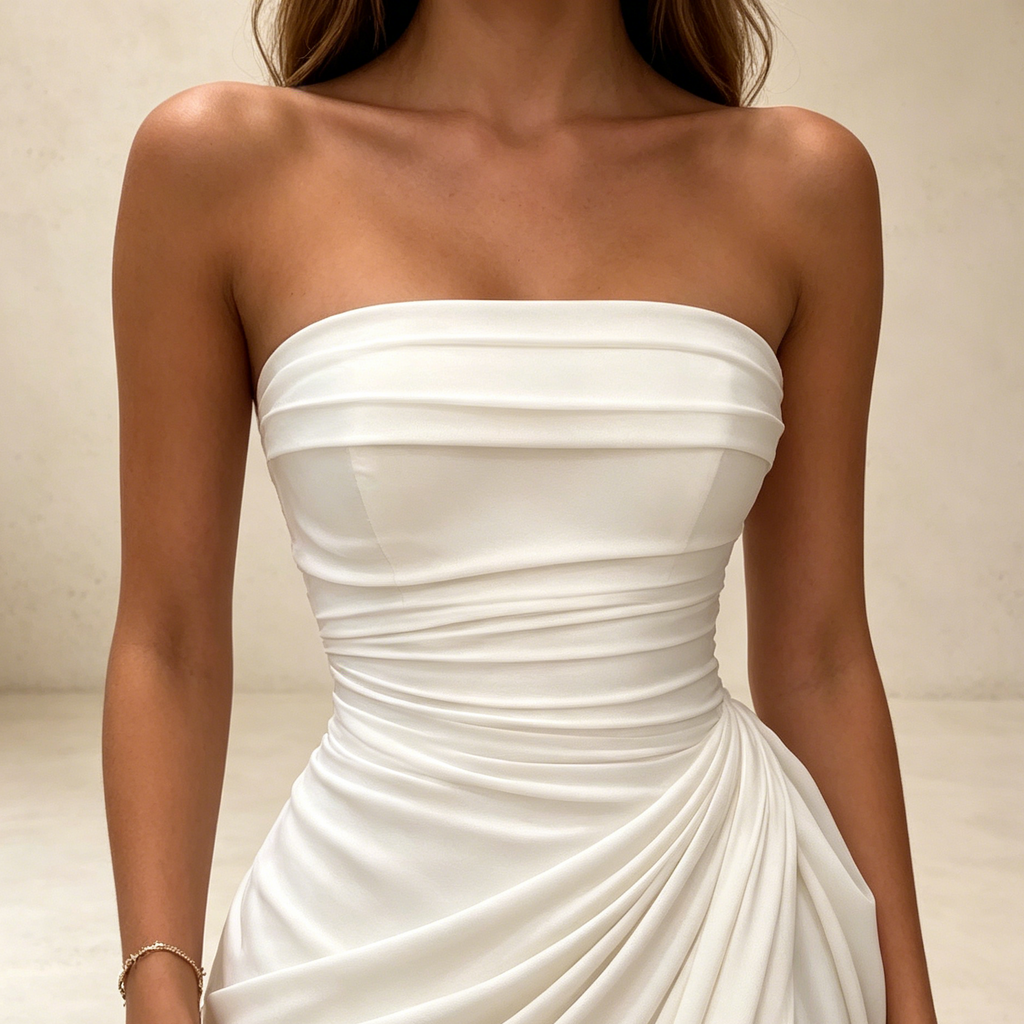 Abendkleid in Weiß mit trägerlosem Herzausschnitt und hohem Beinschlitz