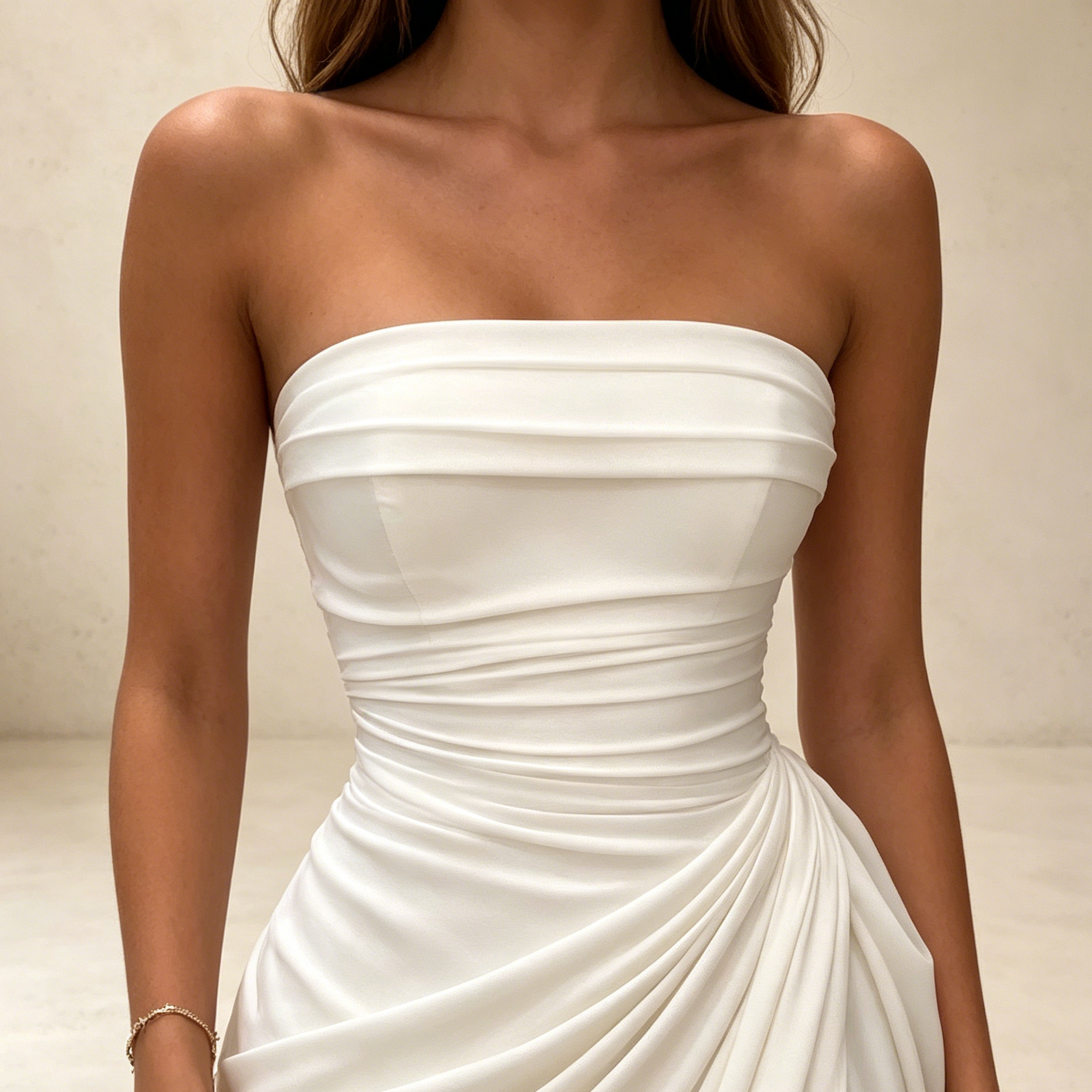 Abendkleid in Weiß mit trägerlosem Herzausschnitt und hohem Beinschlitz