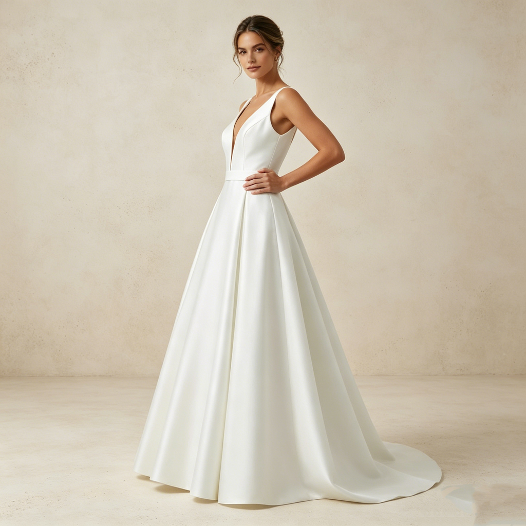 Zeitlose Eleganz in Elfenbein: Bodenlanges A-Linien-Kleid mit tiefem V-Ausschnitt und edlem Schleifen-Detail