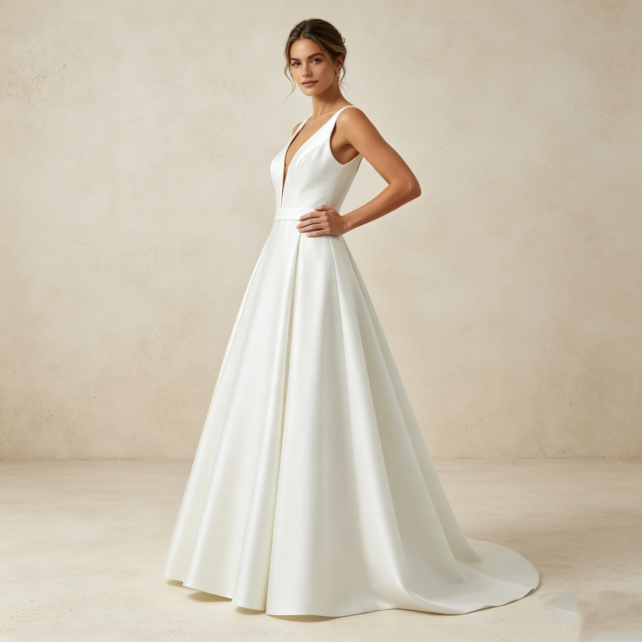 Zeitlose Eleganz in Elfenbein: Bodenlanges A-Linien-Kleid mit tiefem V-Ausschnitt und edlem Schleifen-Detail