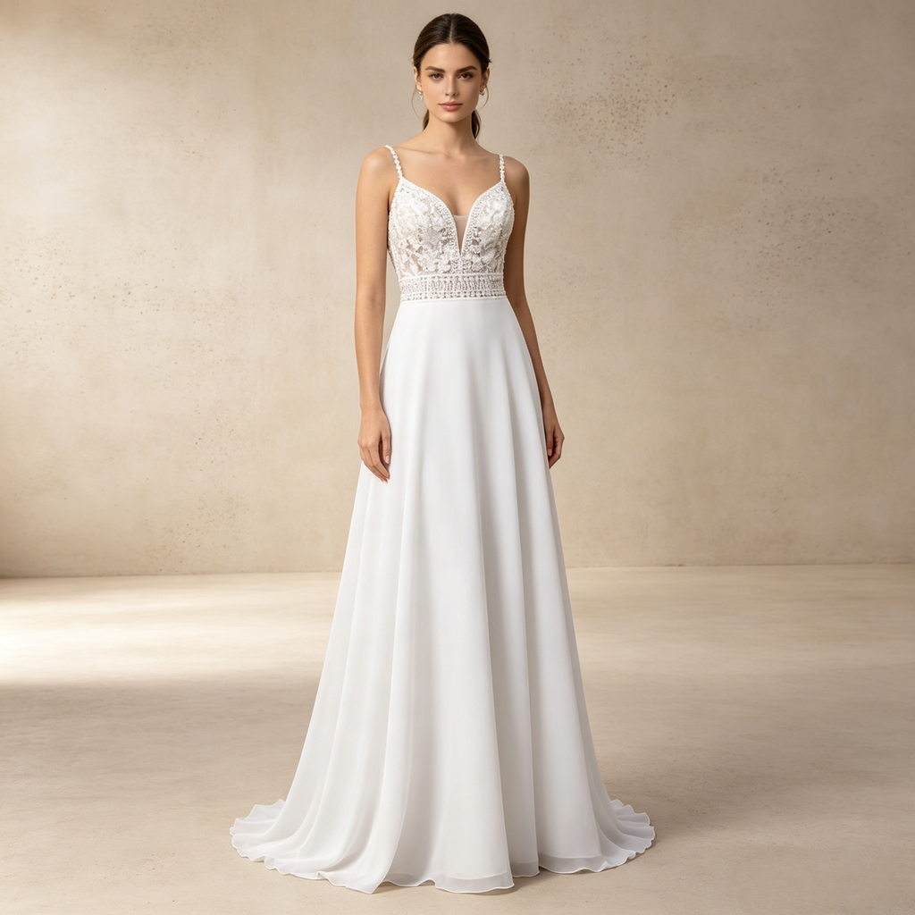 Elegantes Elfenbeinfarbenes A-Linie Abendkleid mit Spaghettiträgern und Aufwendiger Spitzenstickerei