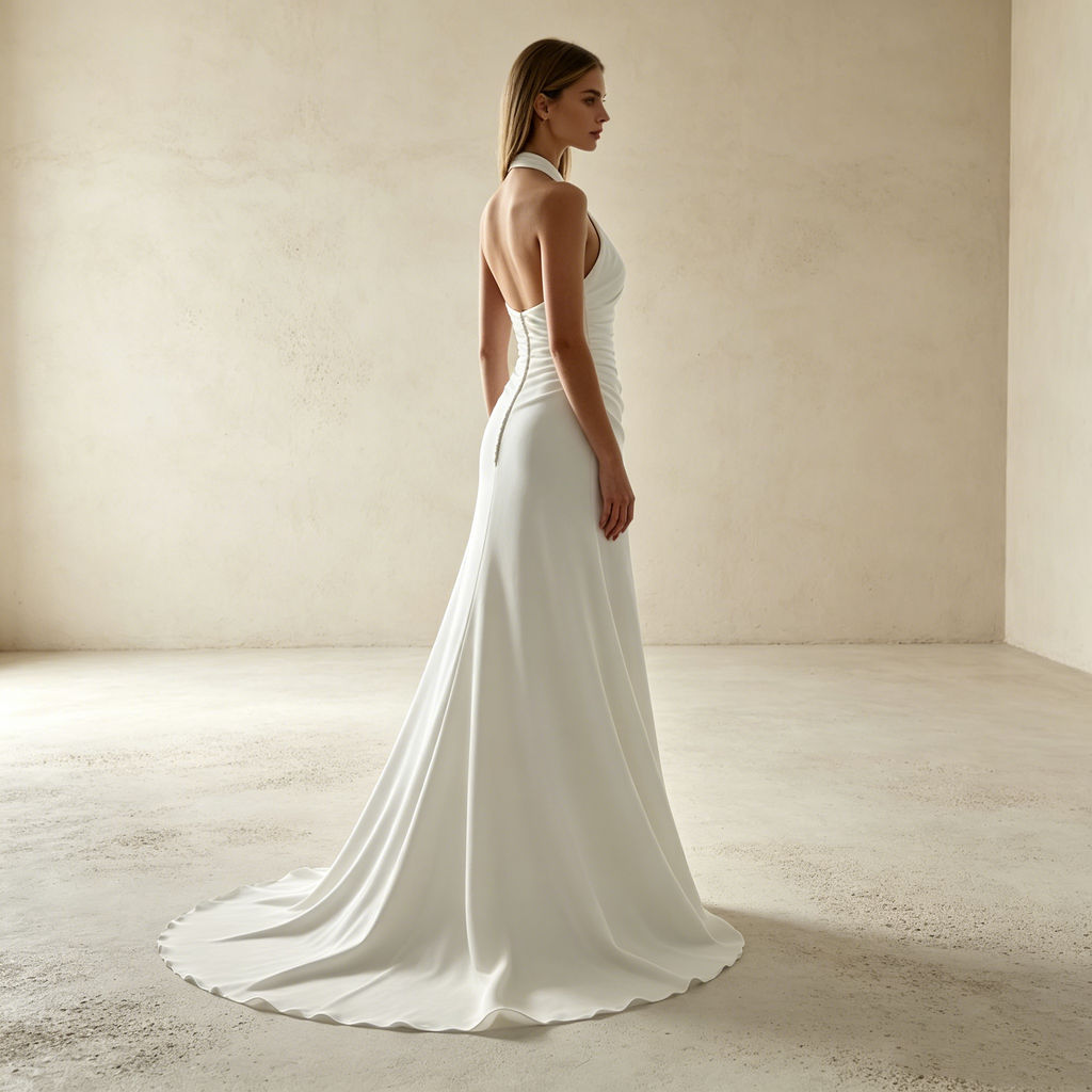 Elegantes Neckholder-Abendkleid in Elfenbein – Bodenlanges Maxikleid mit Raffung & Figurbetonter Silhouette