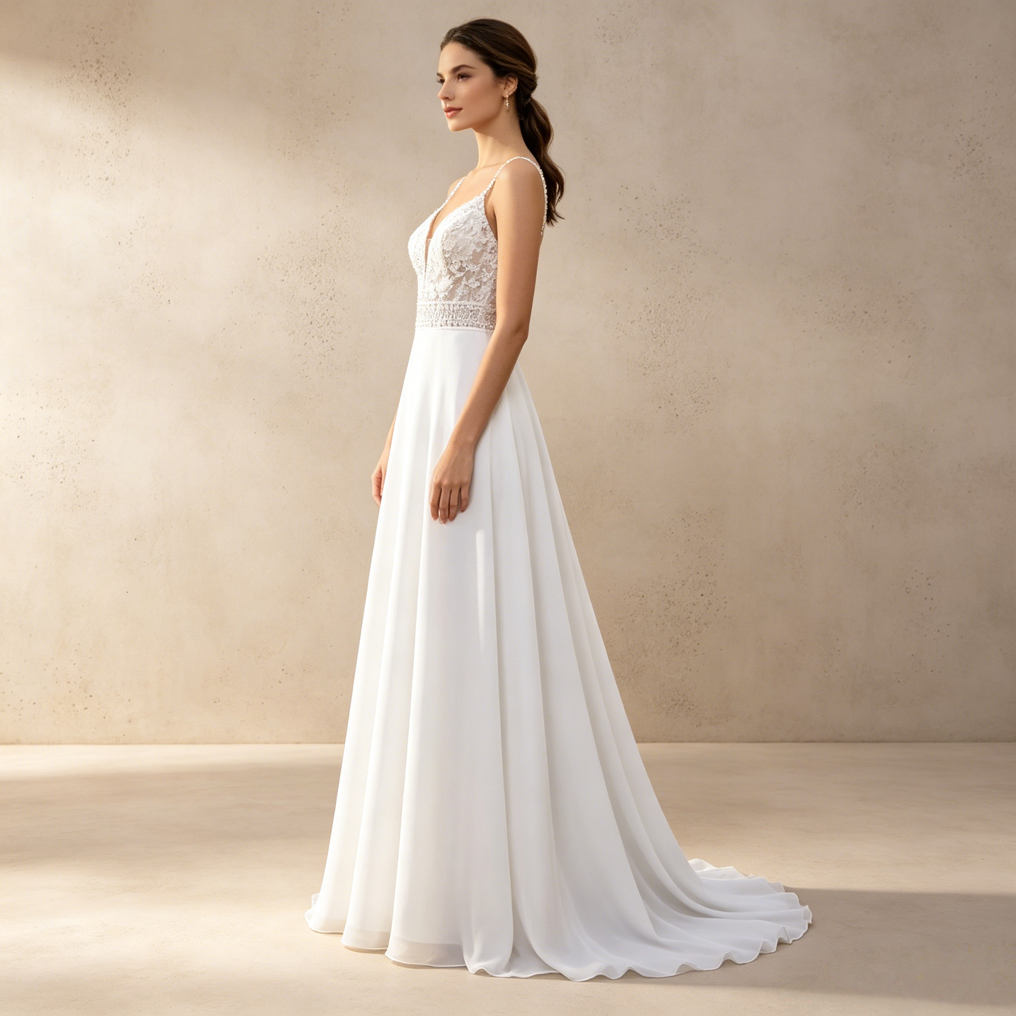 Elegantes Elfenbeinfarbenes A-Linie Abendkleid mit Spaghettiträgern und Aufwendiger Spitzenstickerei