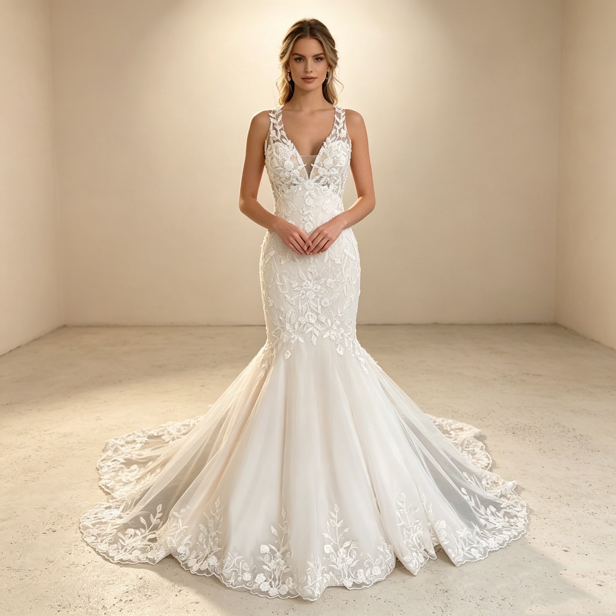 Sinnliche Eleganz in White-Nude: Figurbetontes Halter-Kleid im Mermaid-Stil