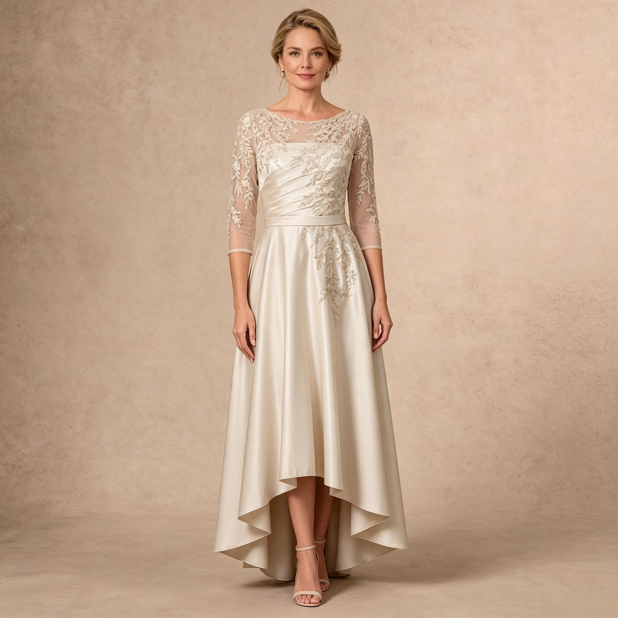 Eleganter 3/4-Arm Spitzenbesetzter Satin Abendkleid mit asymmetrischem Saum für formelle Anlässe
