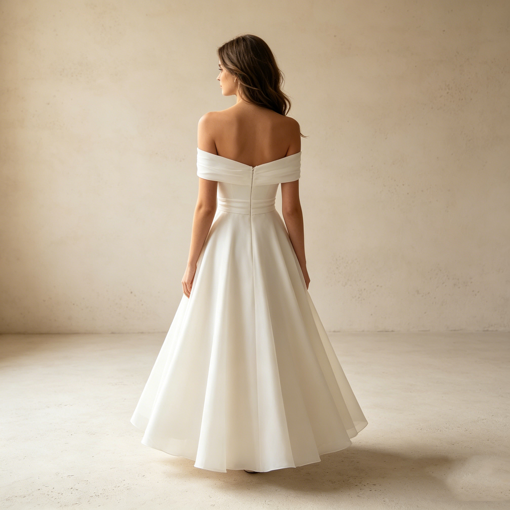 Pure Weiblichkeit: Elegantes Off-Shoulder Midikleid in strahlendem Weiß – Die perfekte A-Linie für deinen großen Auftritt