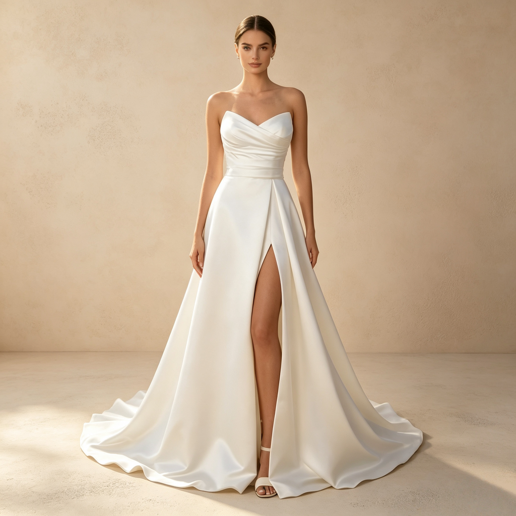 Elegantes trägerloses Satin-Kleid im A-Linien-Schnitt mit hohem Beinschlitz