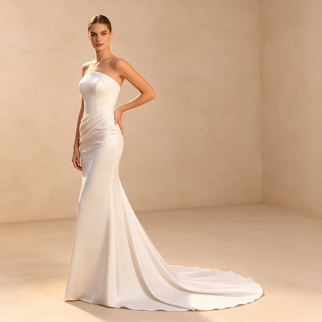 Trägerloses bodenlanges Abendkleid aus Satin in Elfenbein mit drapierter Taille und Meerjungfrau-Silhouette