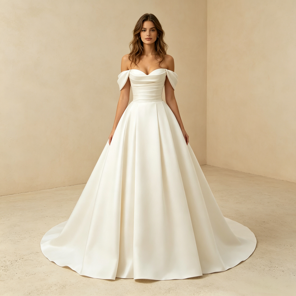 Damen Schulterfreies Satin-Maxikleid mit Drapierter Corsage und Faltenrock - Elfenbein