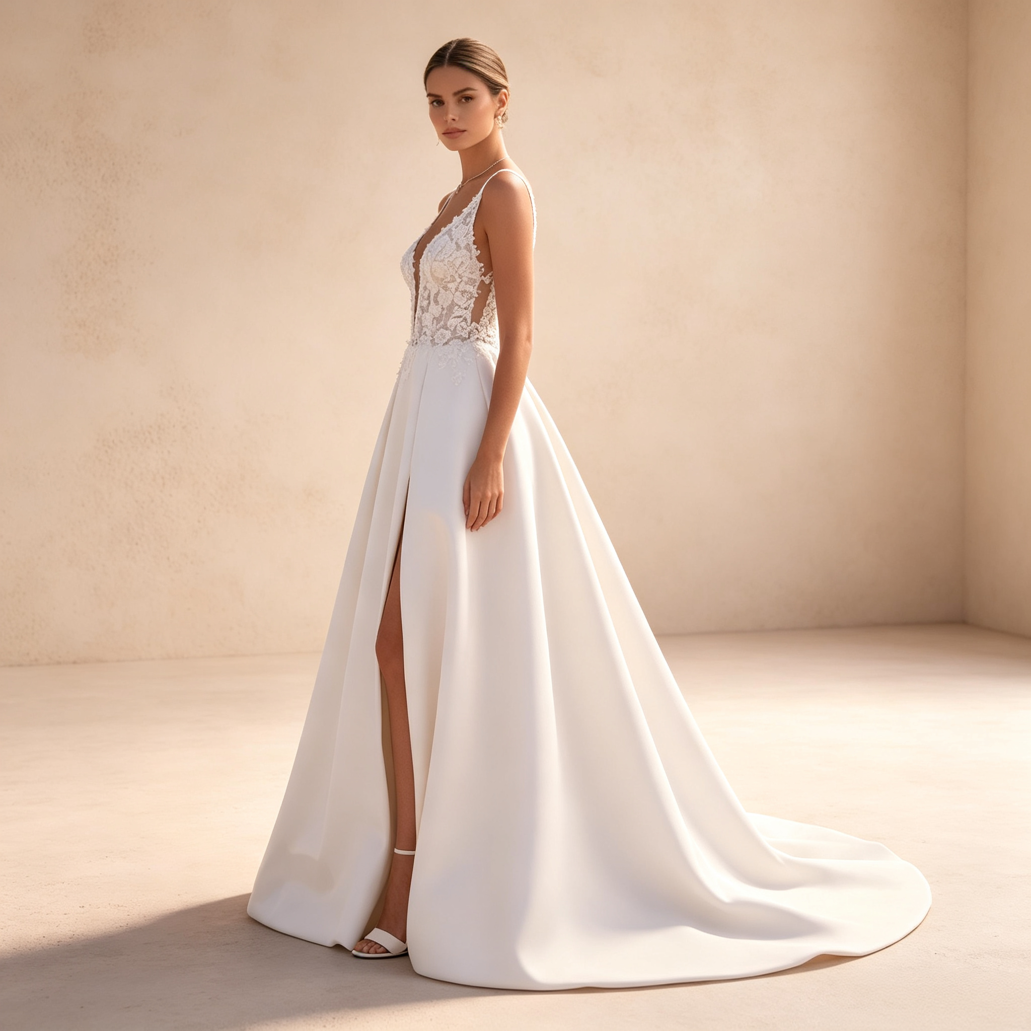 Bodenlanges Abendkleid in Elfenbein mit Spitzenoberteil, V-Ausschnitt, hohem Beinschlitz und A-Linie