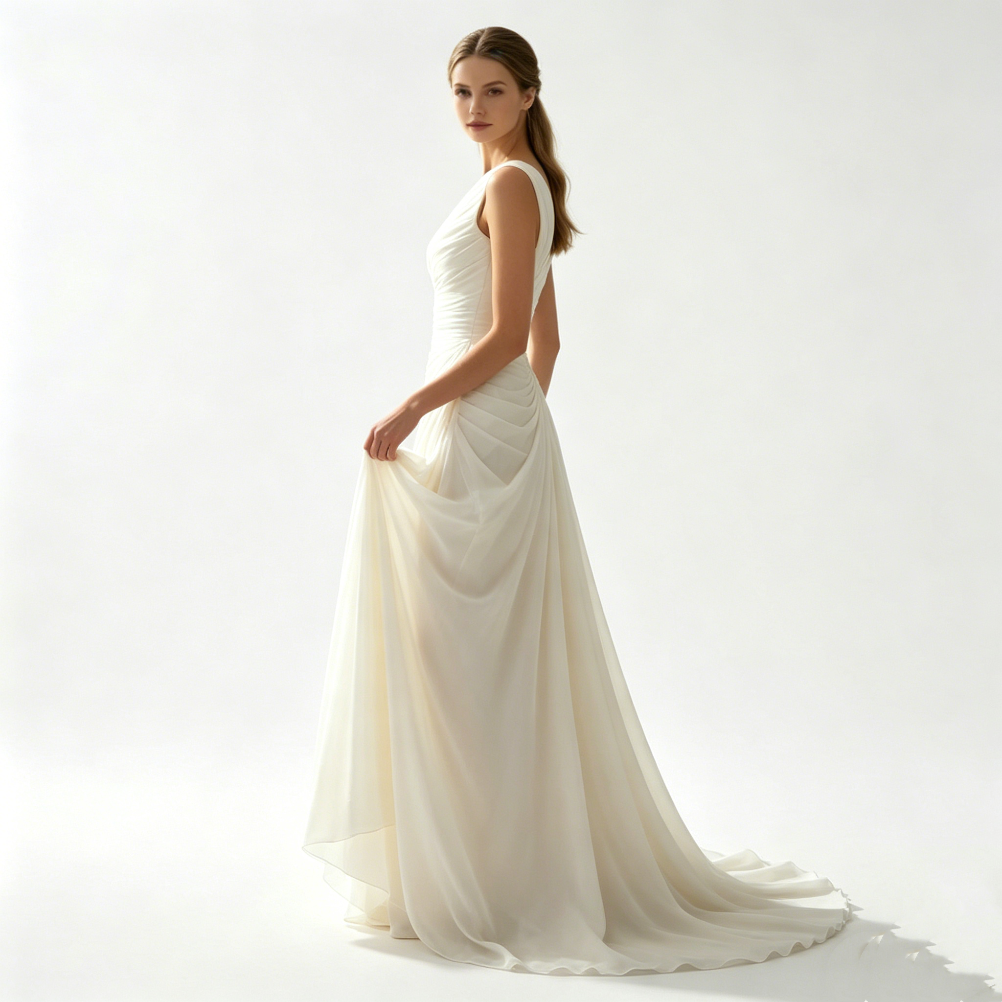 Moderne Couture in Reinweiß: Figurbetontes Meerjungfrau-Kleid mit Karree-Ausschnitt und eleganter Pinsel-Schleppe