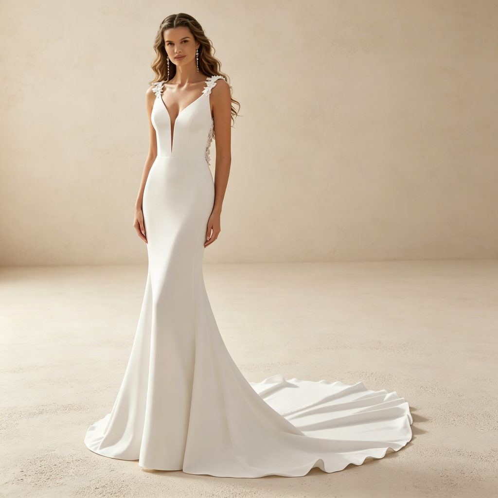 Elegantes Maxikleid in Weiß – Figurbetontes langes Abendkleid mit Schleppe und Spitzen-Trägern