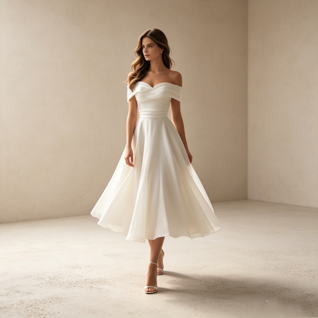 Pure Weiblichkeit: Elegantes Off-Shoulder Midikleid in strahlendem Weiß – Die perfekte A-Linie für deinen großen Auftritt