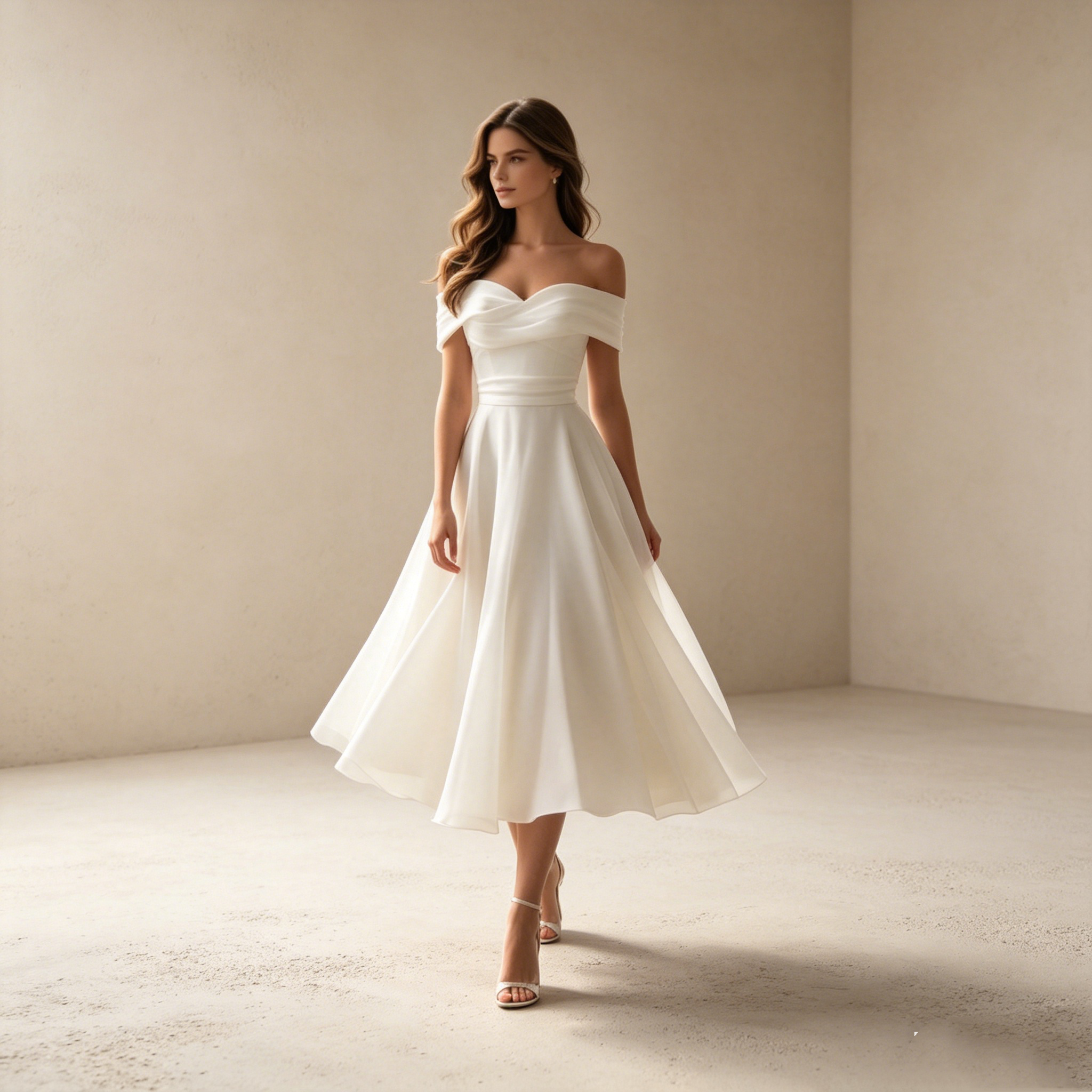 Pure Weiblichkeit: Elegantes Off-Shoulder Midikleid in strahlendem Weiß – Die perfekte A-Linie für deinen großen Auftritt