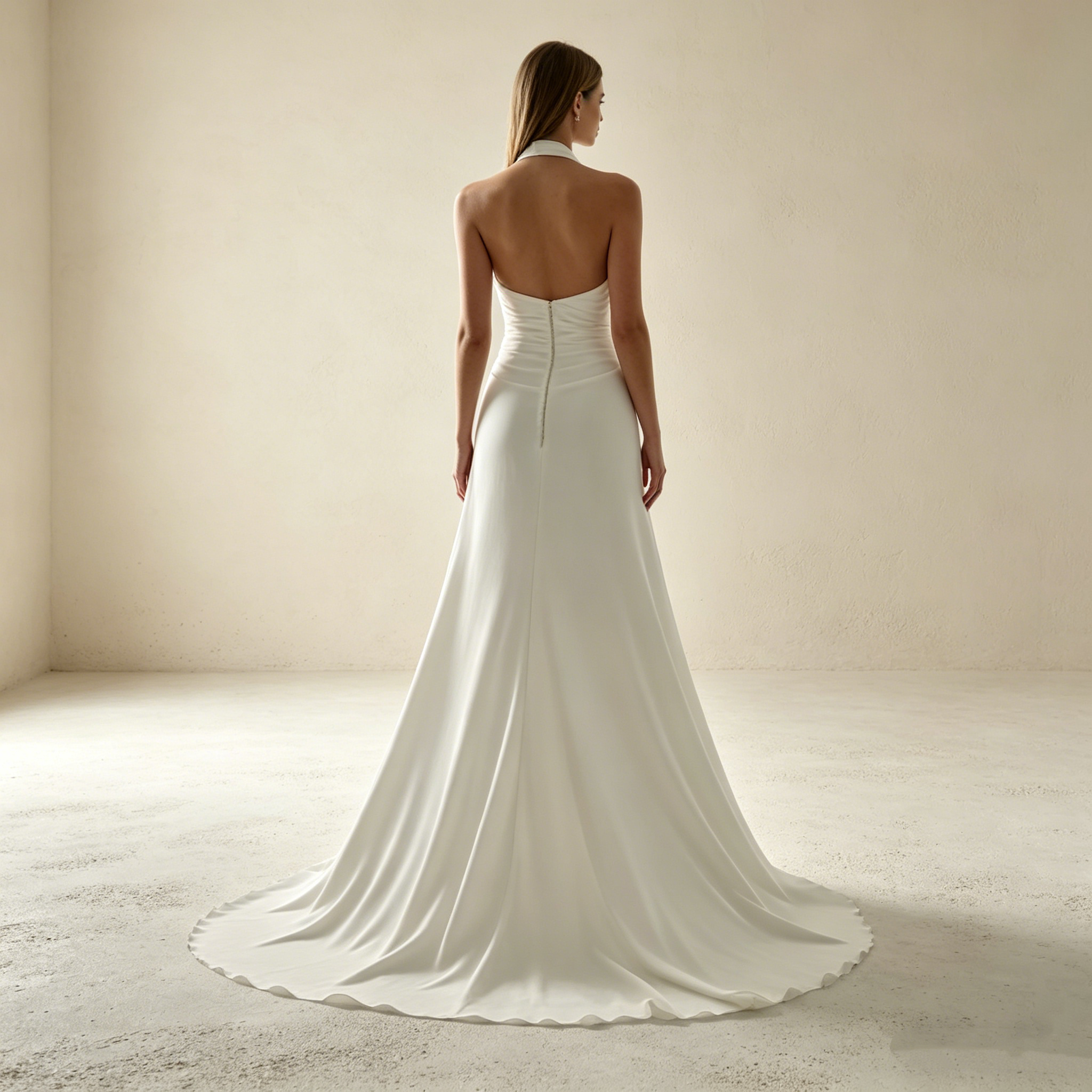 Elegantes Neckholder-Abendkleid in Elfenbein – Bodenlanges Maxikleid mit Raffung & Figurbetonter Silhouette