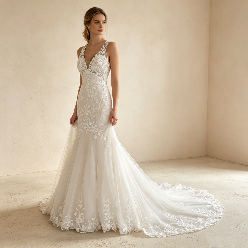 Sinnliche Eleganz in White-Nude: Figurbetontes Halter-Kleid im Mermaid-Stil