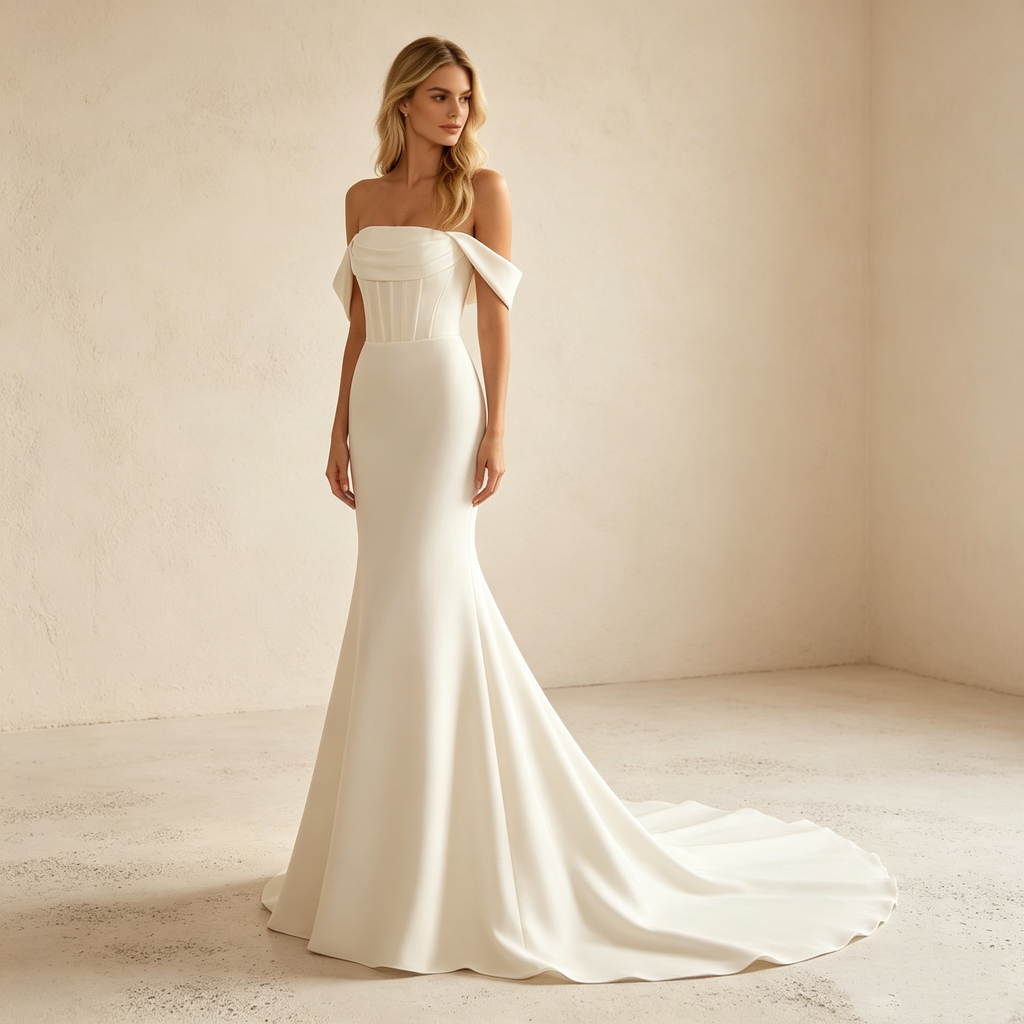 Elegantes schulterfreies Meerjungfrau-Abendkleid aus Satin | Maßgeschneidert