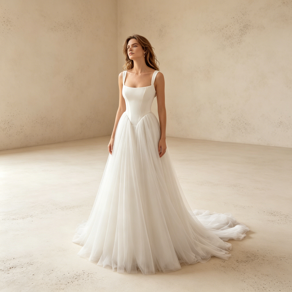 Elegantes Korsett-Abendkleid mit Tüll | Maxikleid mit Eckigem Ausschnitt Weiß
