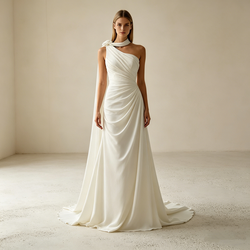 Elegantes One-Shoulder Abendkleid mit Cape-Detail – Bodenlanges Maxikleid in Elfenbein mit edler Drapierung