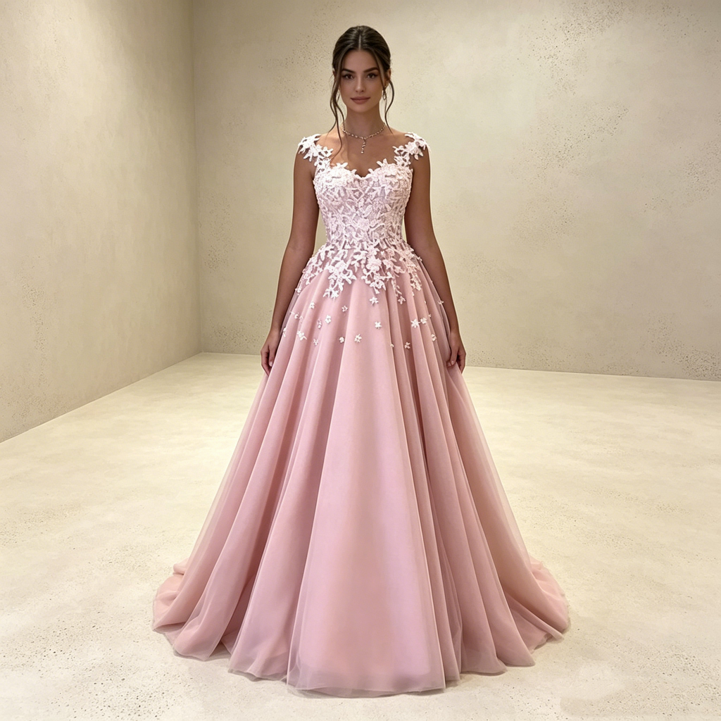 Abendkleid in Altrosa mit floralen Spitzen-Applikationen und Tüllrock