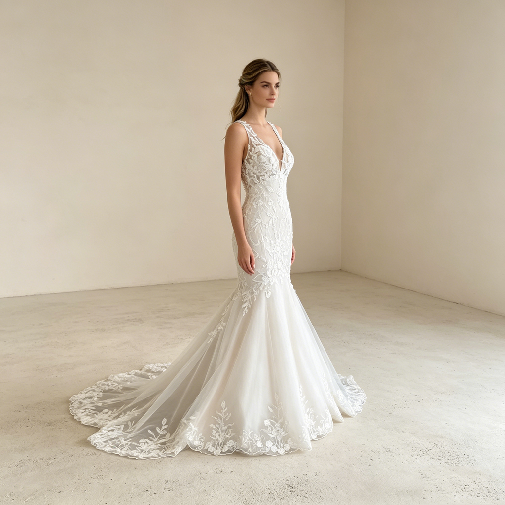 Sinnliche Eleganz in White-Nude: Figurbetontes Halter-Kleid im Mermaid-Stil