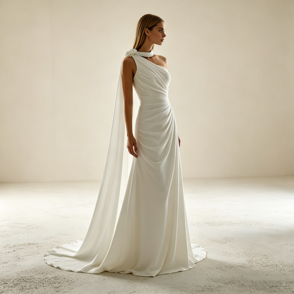 Elegantes One-Shoulder Abendkleid mit Cape-Detail – Bodenlanges Maxikleid in Elfenbein mit edler Drapierung